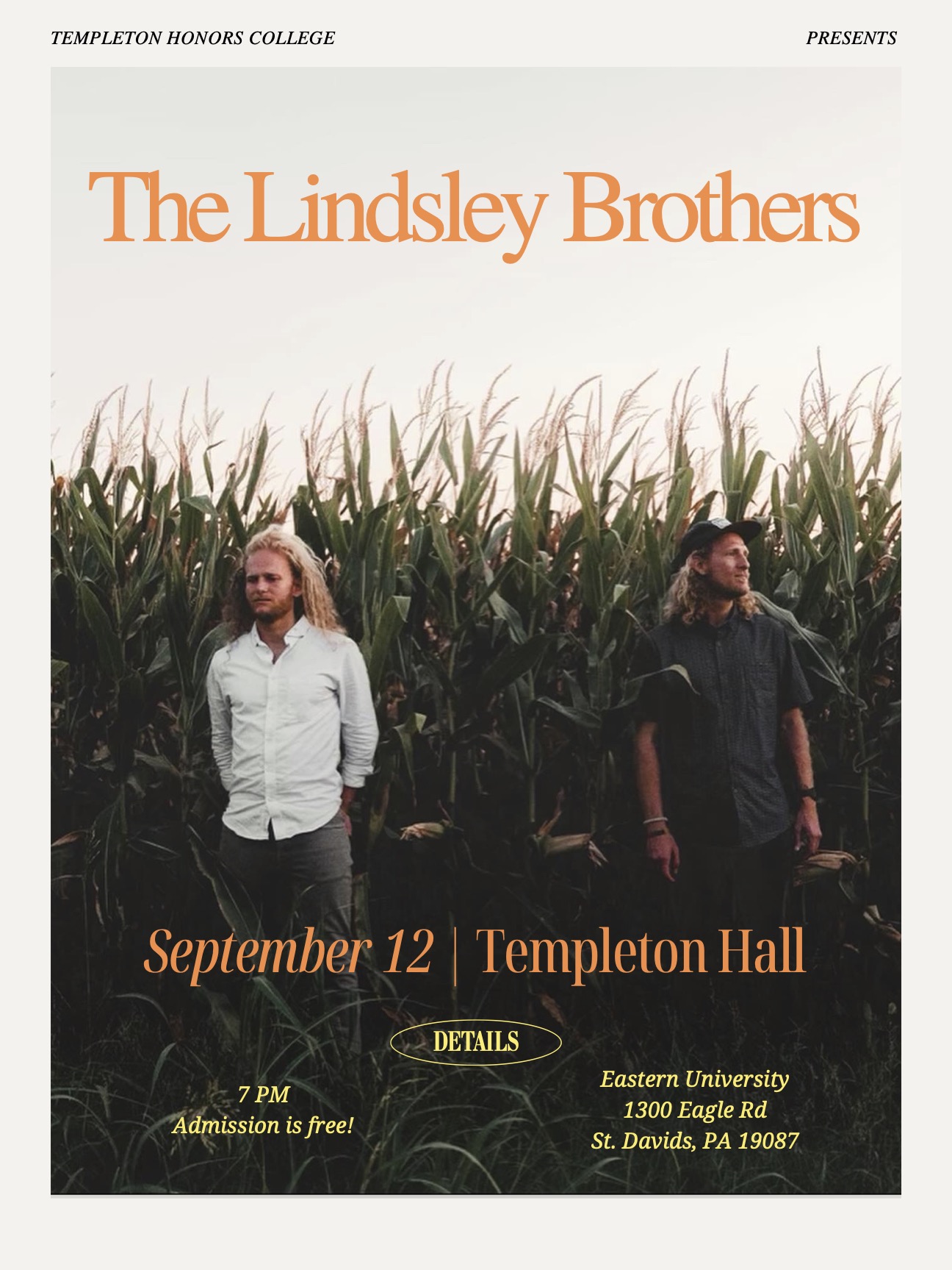 A poster for the Lindsley Brothers concert on Friday, September 12 in Templeton Hall. A photo shows the two lead members of the band standing in a corn field.